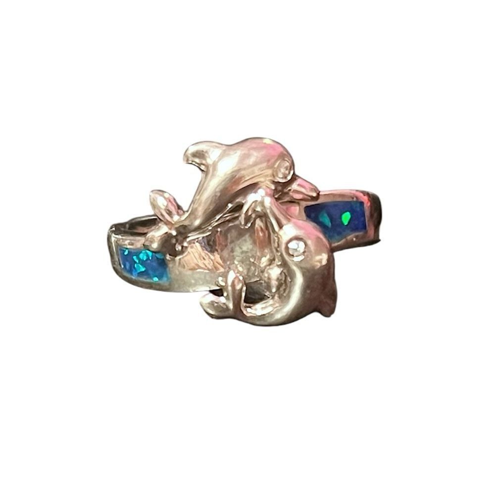 Sterling Silver Dolphin Blue Fire Opal Ring Size 7